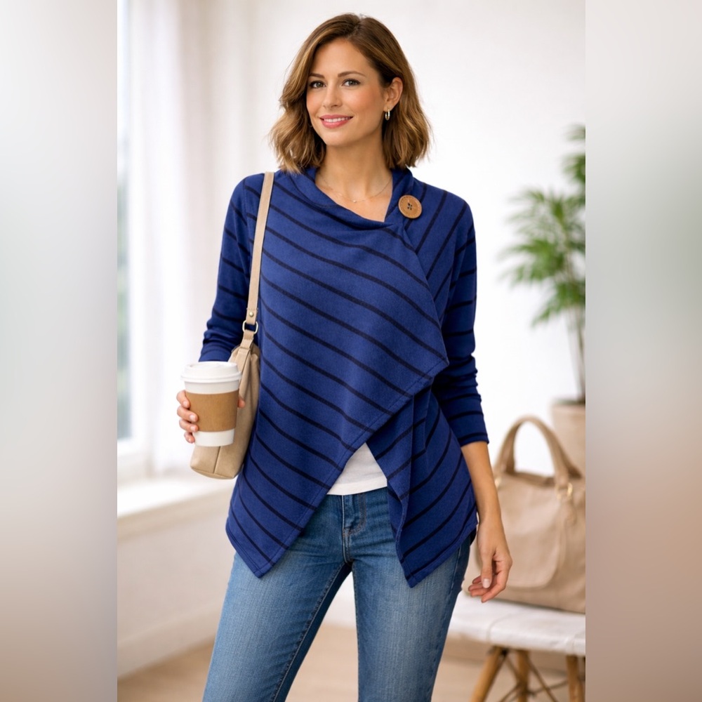 Bobeau Petite Draped Wrap Cardigan Blue Stripe Button Shoulder